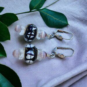 Black and White Lampwork Earrings with Violet Cat's Eye Accents